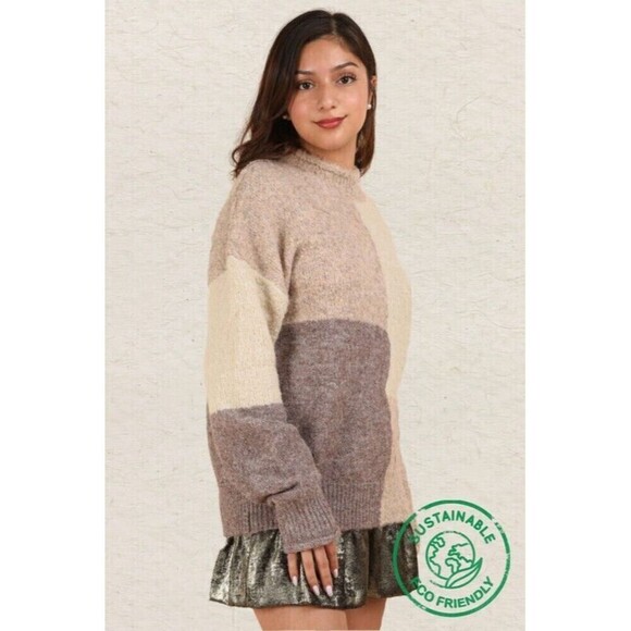 ECO Oversized Color Block Cozy Knit Sweater Top - Picture 2 of 4